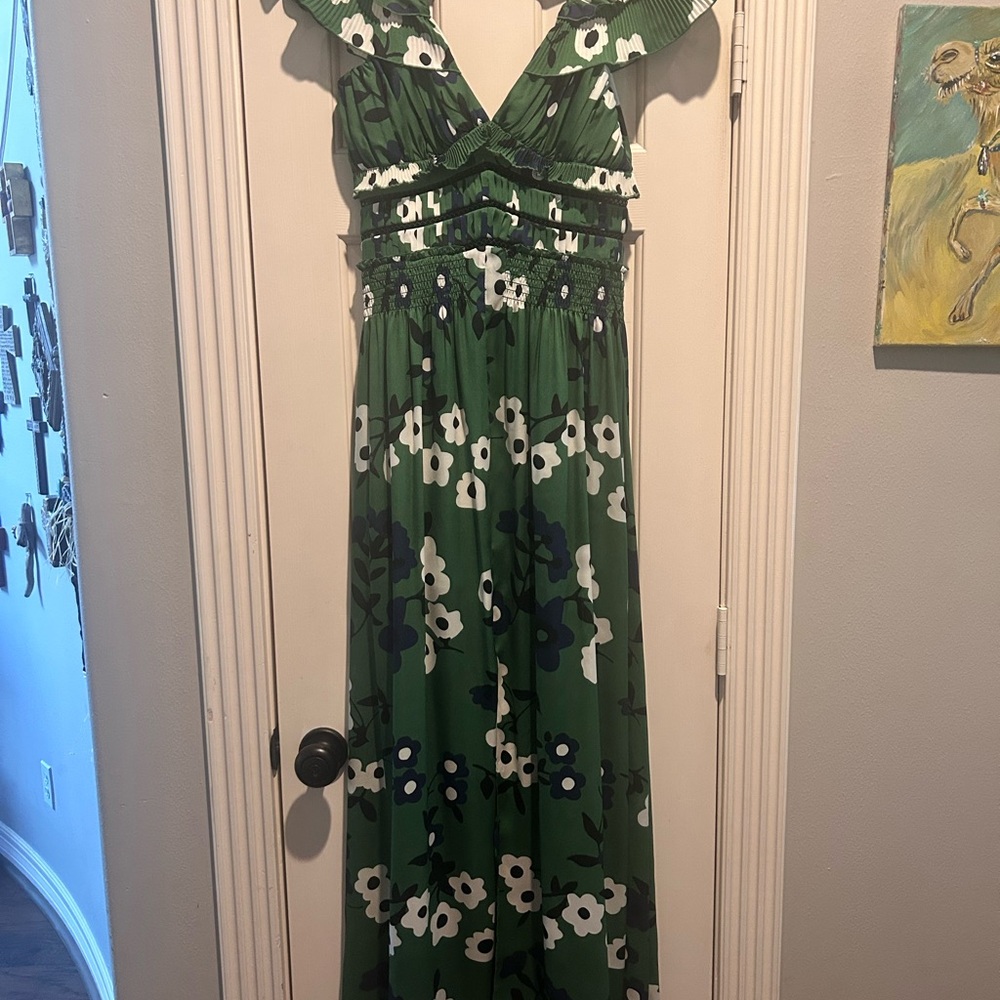 Self-Portrait Green Ruched Maxi Dress V-Neck Sleeveless size 2